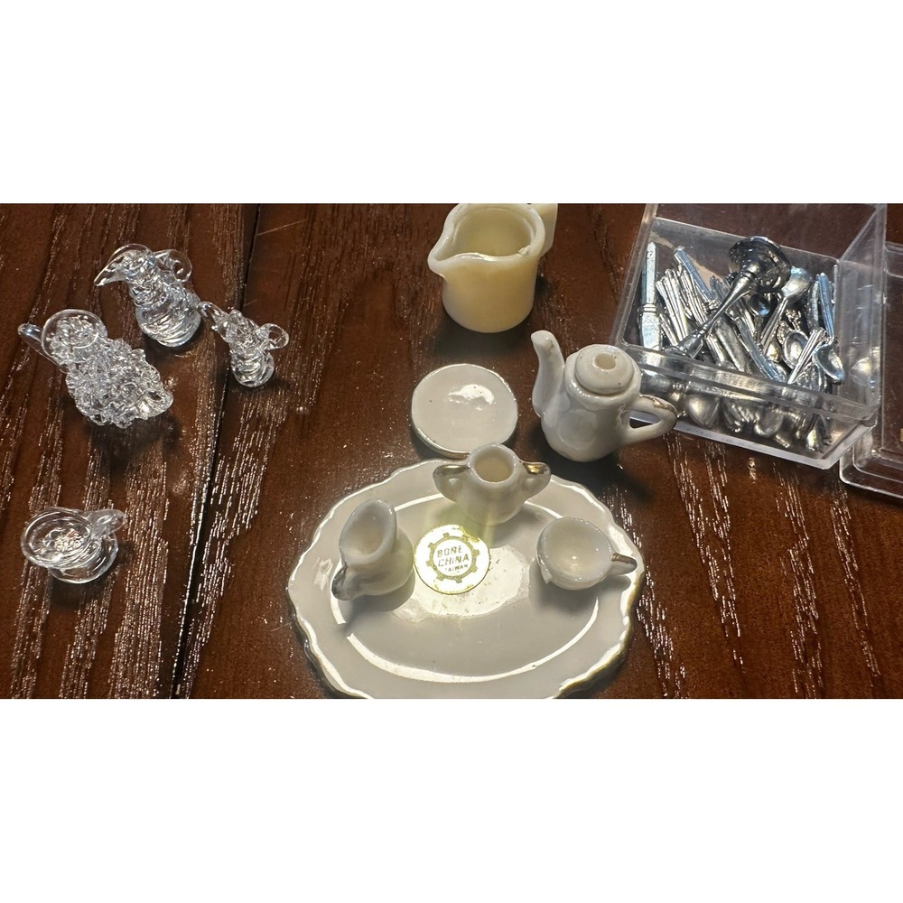 Dollhouse Lot Of Serving - Bone China Tea service, Plastic Decor, 26 Piece Utens